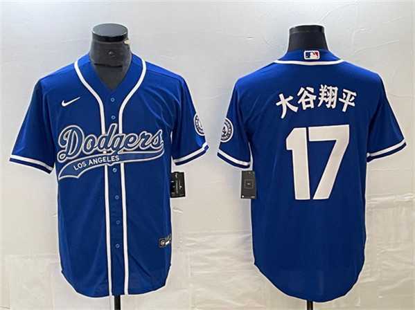 Mens Los Angeles Dodgers #17 Shohei Ohtani Blue Cool Base With Patch Stitched Baseball Jersey